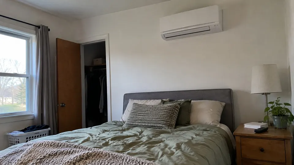 Unbranded white wall mini split in a bedroom with rumpled bedding