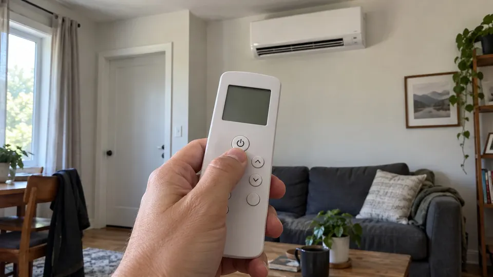 Hand pressing the power button on a white mini split remote with the indoor unit behind it
