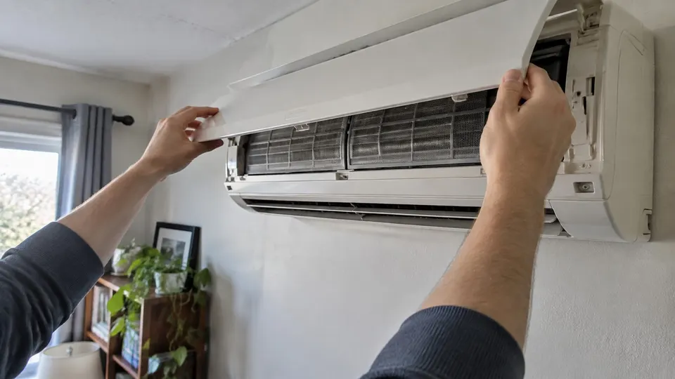 Two hands lifting the hinged front panel of a wall mounted mini split to reach the filter