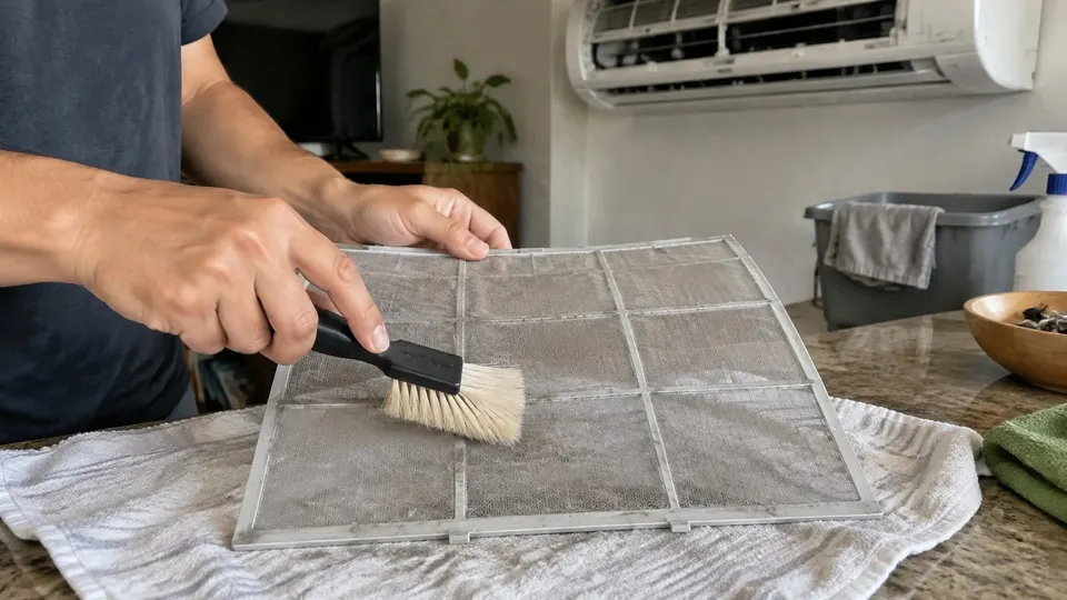 Soft brush gently removing gray dust from a mesh mini split filter laid on a towel