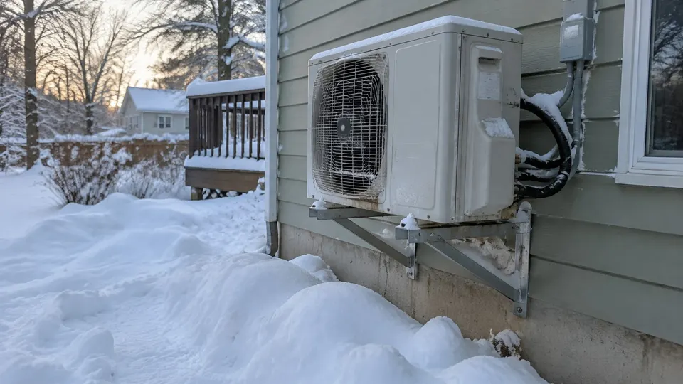 Mini split outdoor unit on a wall bracket above deep snow on a cold winter morning