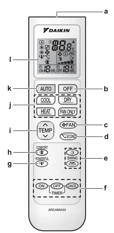Daikin FTXTP-M and FTXTP-N manual controller with lettered button callouts