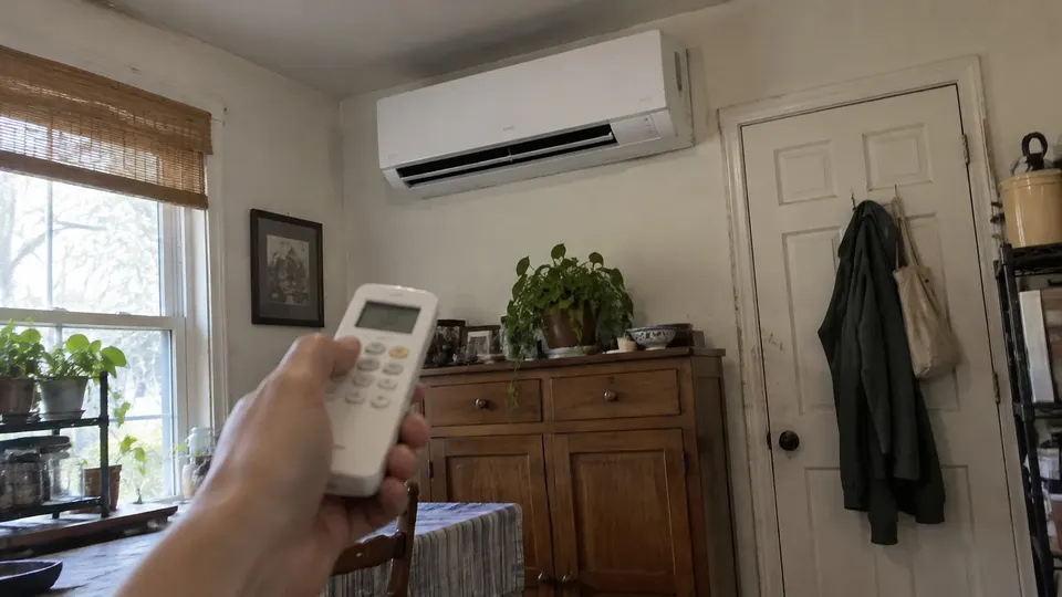 Daikin-style wall mini split and a remote in an ordinary home