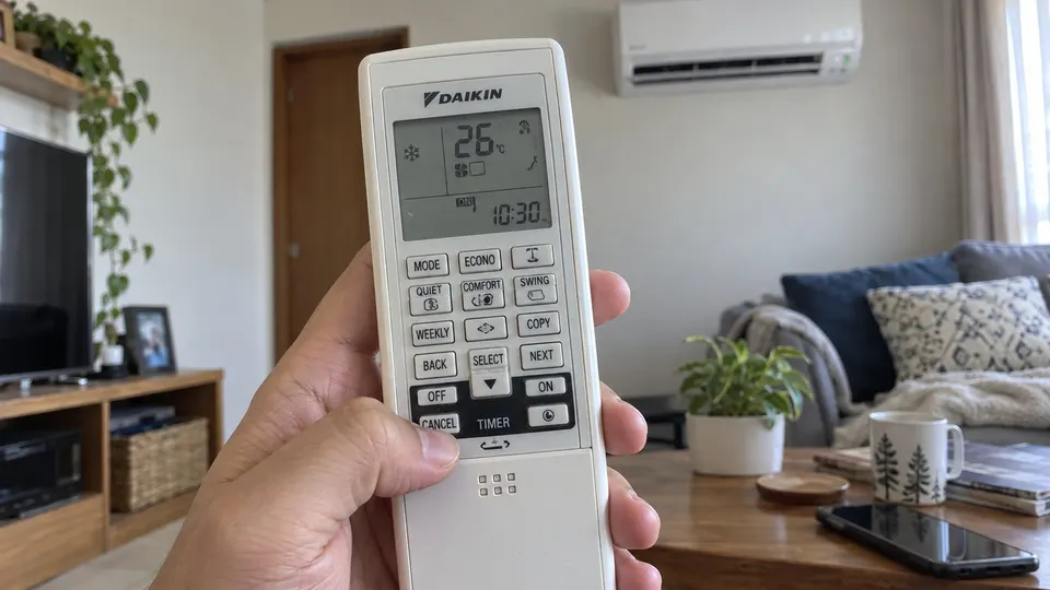 Hand holding an ARC452A-style remote while checking the TIMER CANCEL button