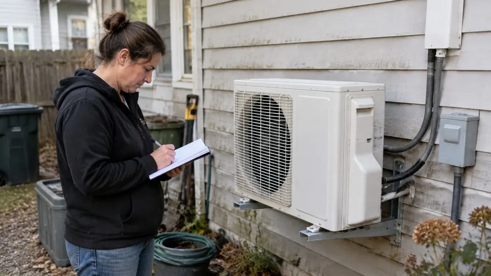 Homeowner recording model information beside a closed outdoor mini split