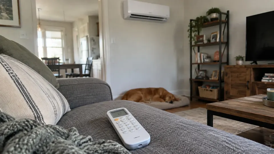 White mini split remote resting on a sofa with the indoor unit on the wall behind it