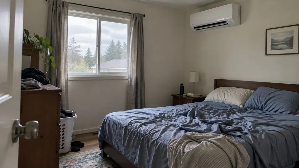 Wall mini split in an ordinary bedroom with a rumpled bed in cloudy daylight