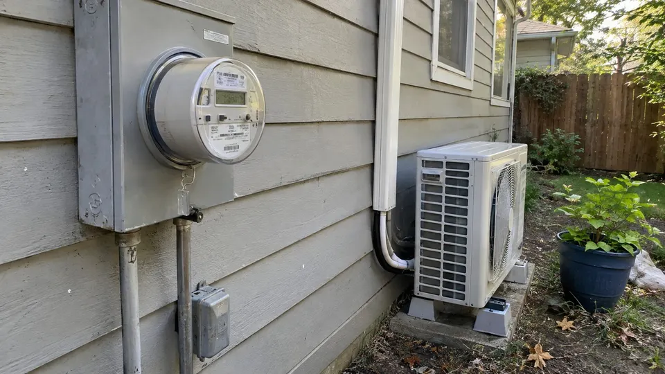 Home electric meter on an outside wall with a mini split outdoor unit in the background