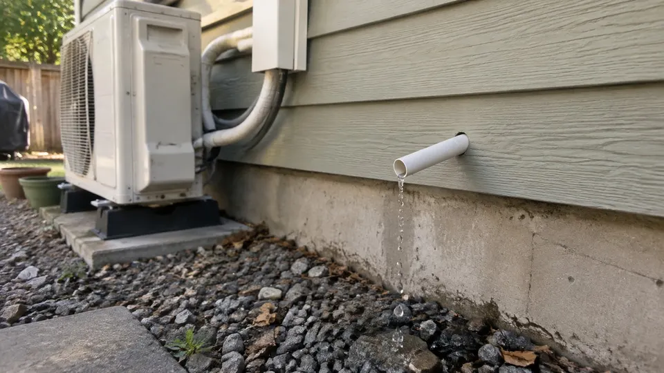 Mini split drain hose end sticking out of a wall with water dripping onto gravel