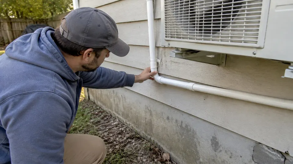 Person checking along a white drain pipe on an exterior wall for kinks and a steady downward slope