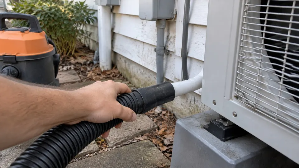 Wet dry vacuum hose held against the end of a small white drain hose outside a house