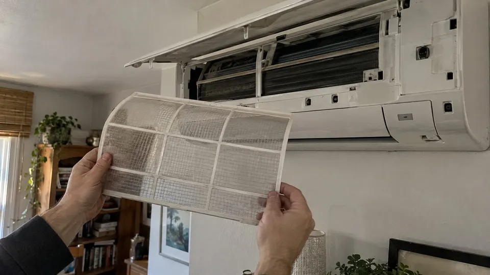 Hands holding a new mesh filter next to the open front panel of a mini split indoor unit