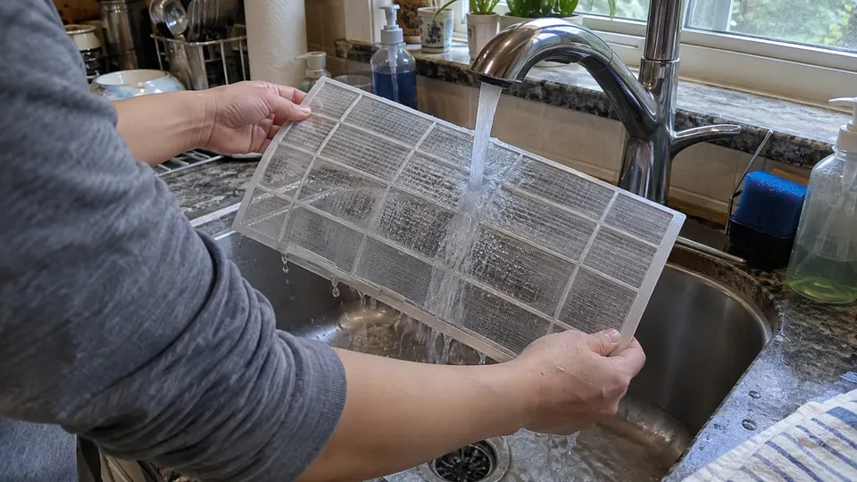 Mini split filter being rinsed with lukewarm water from a kitchen faucet