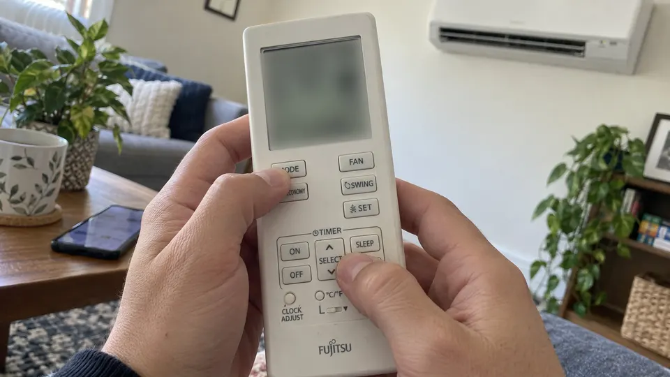 Hand choosing MODE and SET TEMP on a Fujitsu-style AR REG1U remote