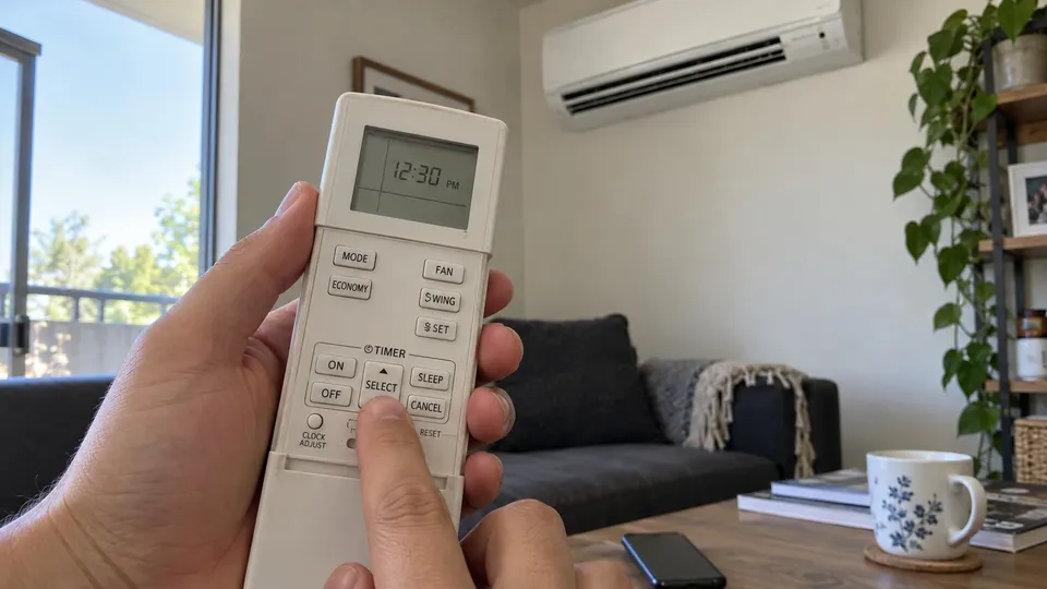 Fujitsu-style AR REG1U remote with the sliding cover open at its clock controls