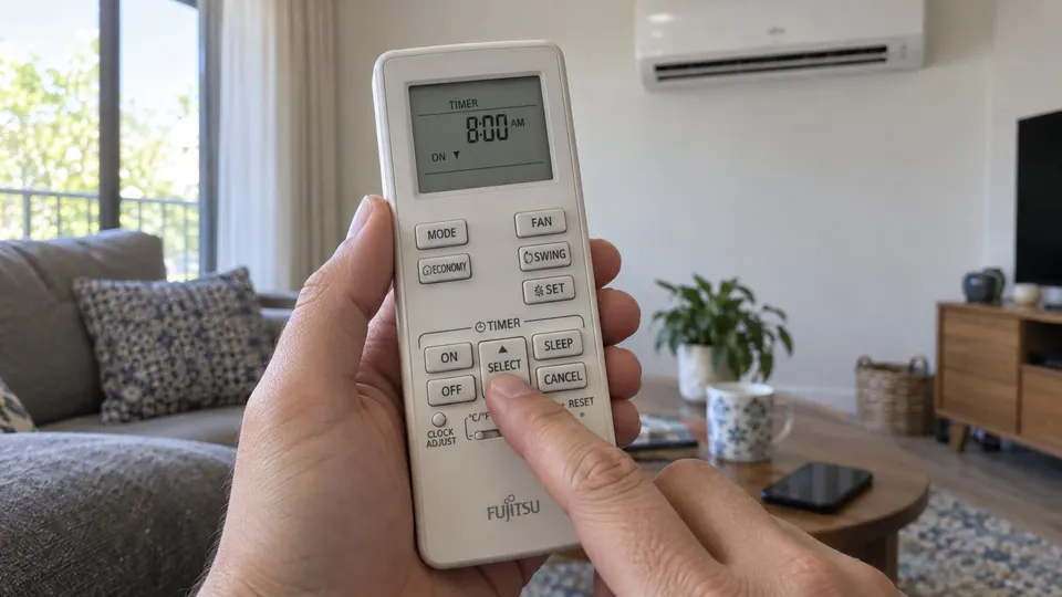 Hand adjusting an ON OFF timer with SELECT on a Fujitsu-style remote