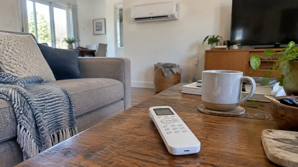 White mini split remote on a wooden coffee table in a bright living room