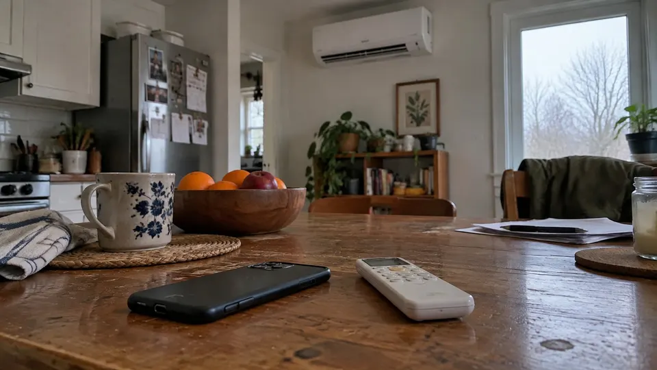 Phone and remote on a household table below a wall mini split