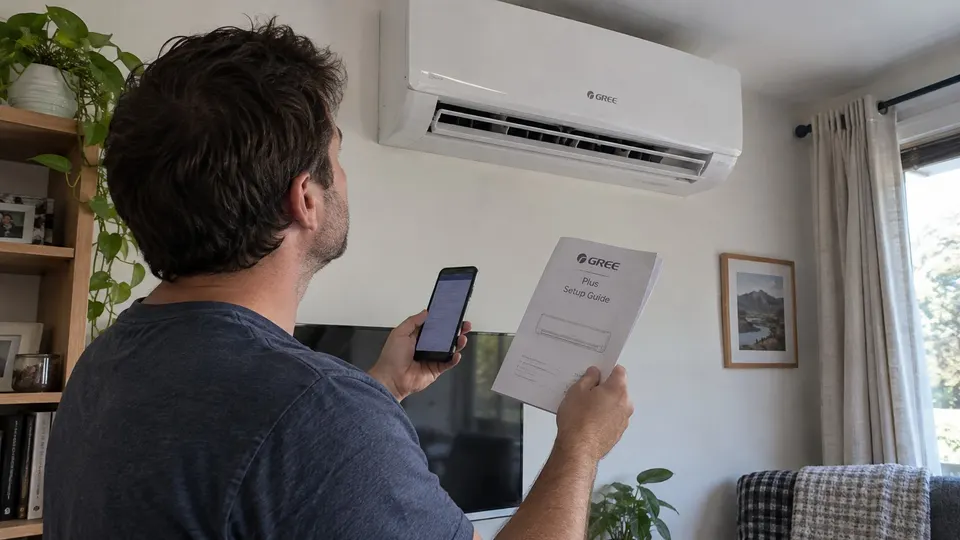 Homeowner checking a Gree indoor-unit model record and the GREE plus setup guide