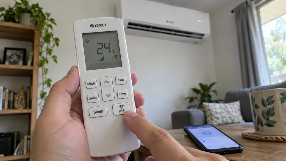 Hand enabling WiFi on a Gree-style remote beside a phone