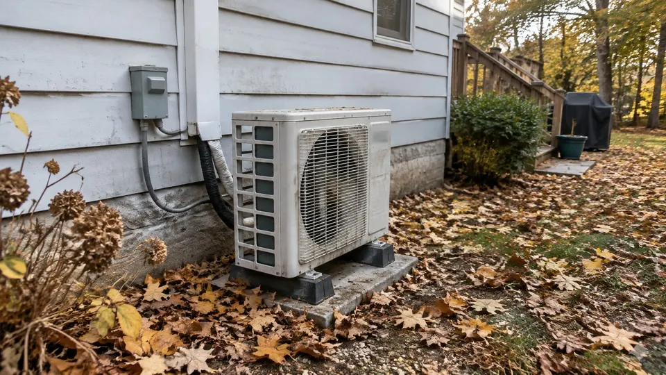Weathered white mini split outdoor unit beside a house in autumn surrounded by fallen leaves