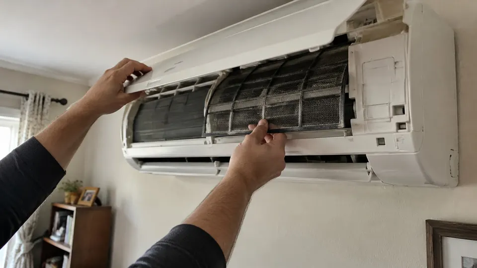Hands lifting the front panel of a mini split indoor unit to slide out the mesh air filter