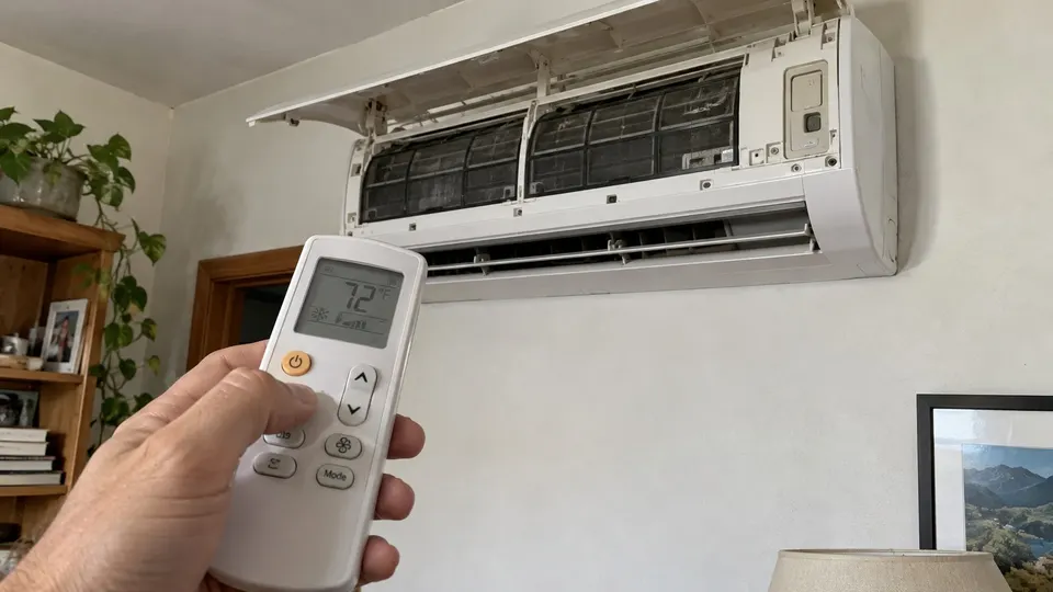 Hand holding a mini split remote beside an indoor unit with its front panel open