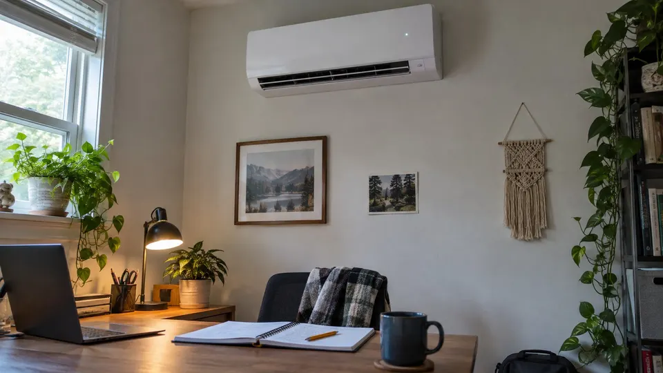 Slim wall mini split with a single LED lit above a desk with an open notebook and pencil
