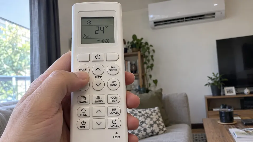 Hand selecting MODE on an LG-style conventional mini split remote