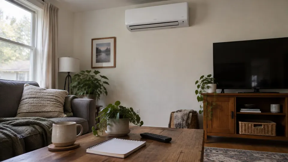 Unbranded mini split above a living-room table with a remote and notepad