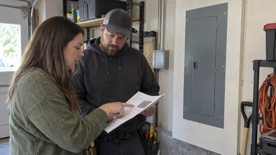 Homeowner reviewing model-specific electrical requirements with an electrician beside a closed panel