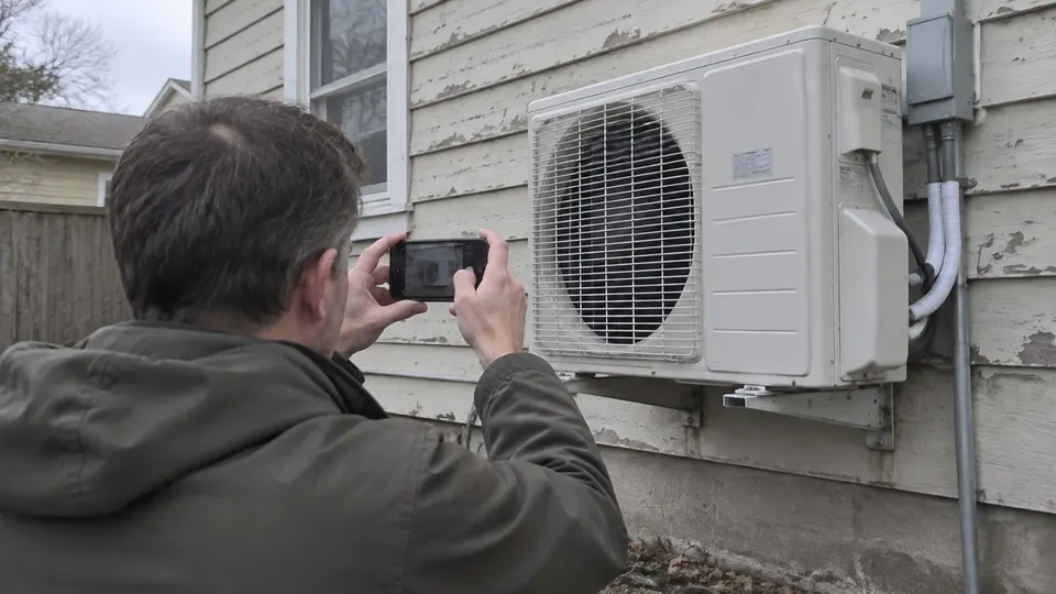 Homeowner photographing the closed outdoor unit rating label without removing a cover