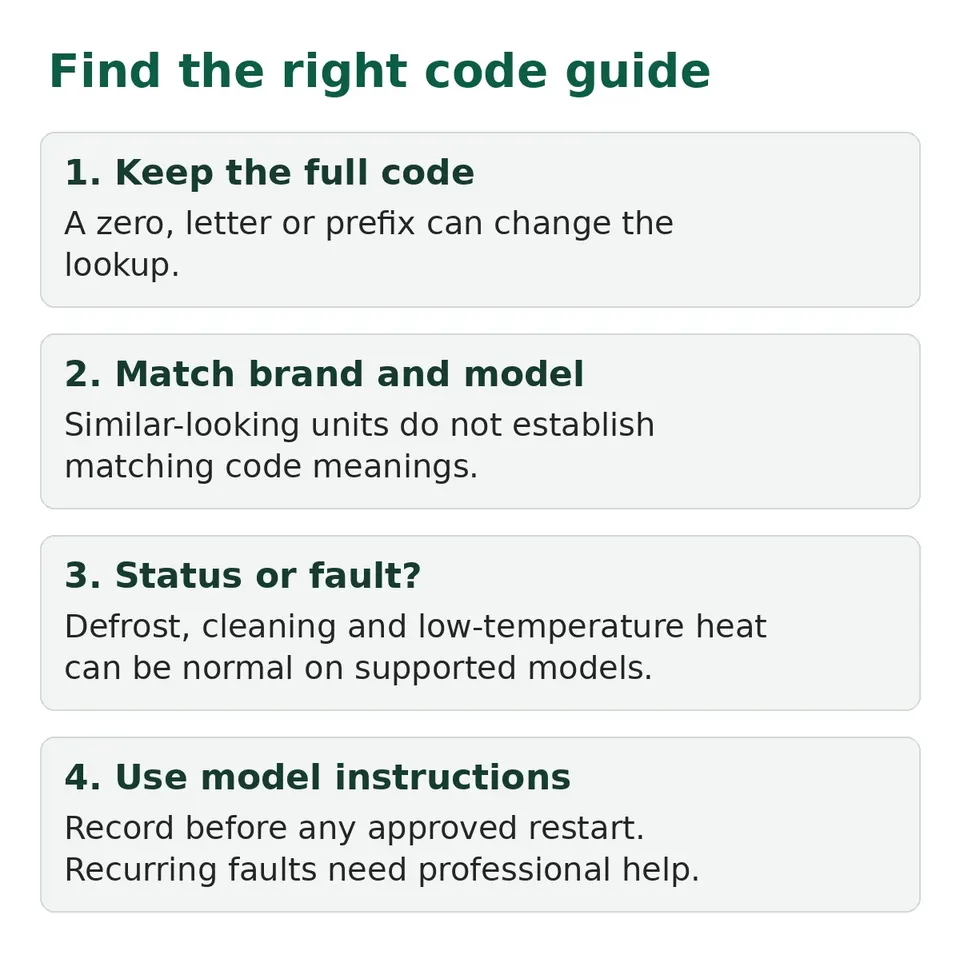 Code lookup steps: photograph the complete display, record model numbers, choose the matching manual and distinguish a status from a fault