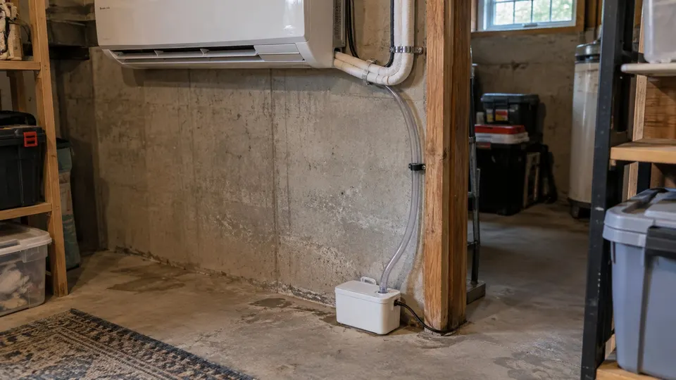 Small white condensate pump box on a basement floor with a clear tube running up to a mini split line set