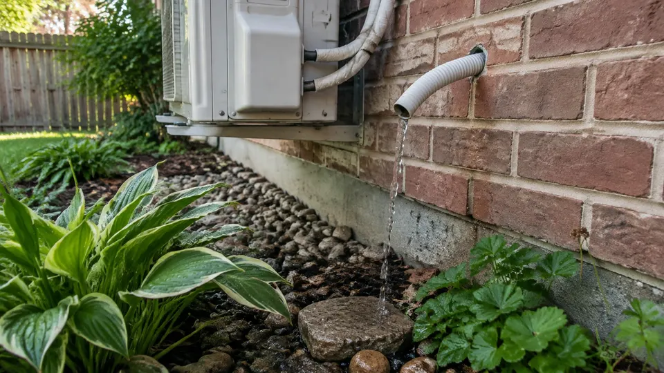 Mini split drain hose coming through a brick wall and dripping onto gravel and plants outside