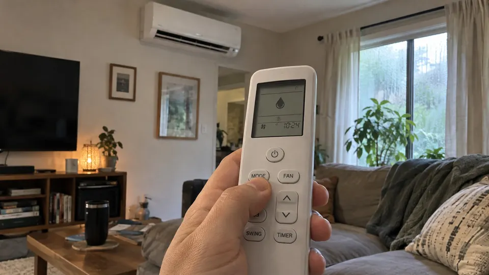 Hand pressing the mode button on a mini split remote showing the water drop dry mode symbol in a humid living room