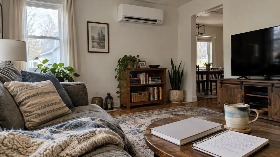 Unbranded wall mini split in a living room with a notebook and closed booklet
