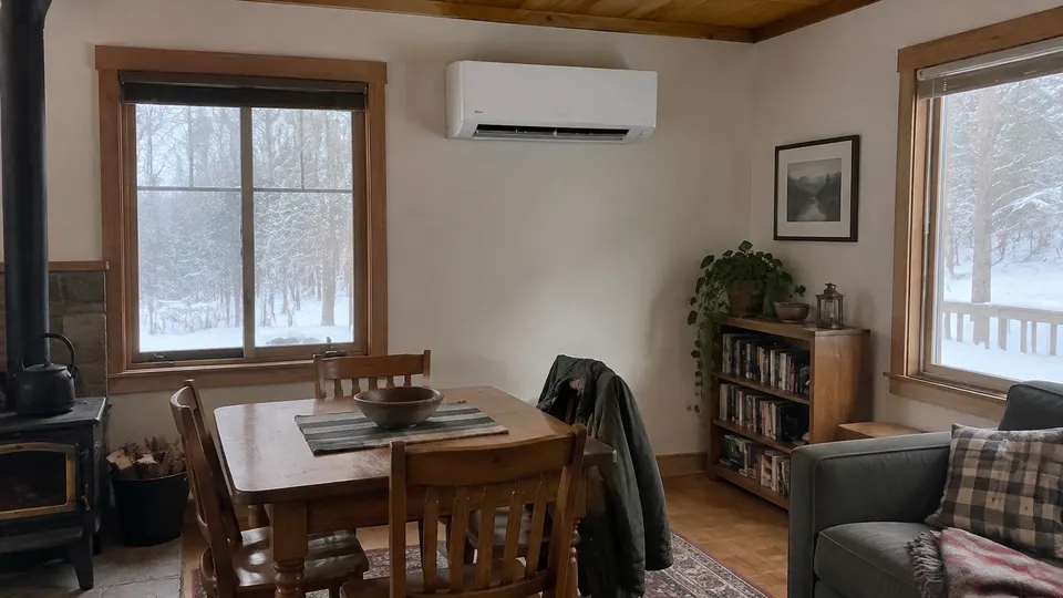 Unbranded mini split in a cabin room with winter trees outside