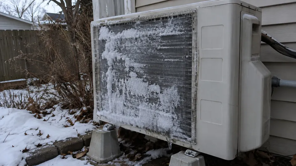 Outdoor mini split unit with a layer of frost and ice on the coil on a cold morning