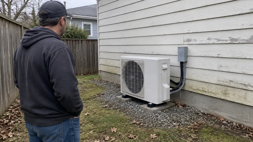 Homeowner observing outdoor mini split clearance from a safe distance