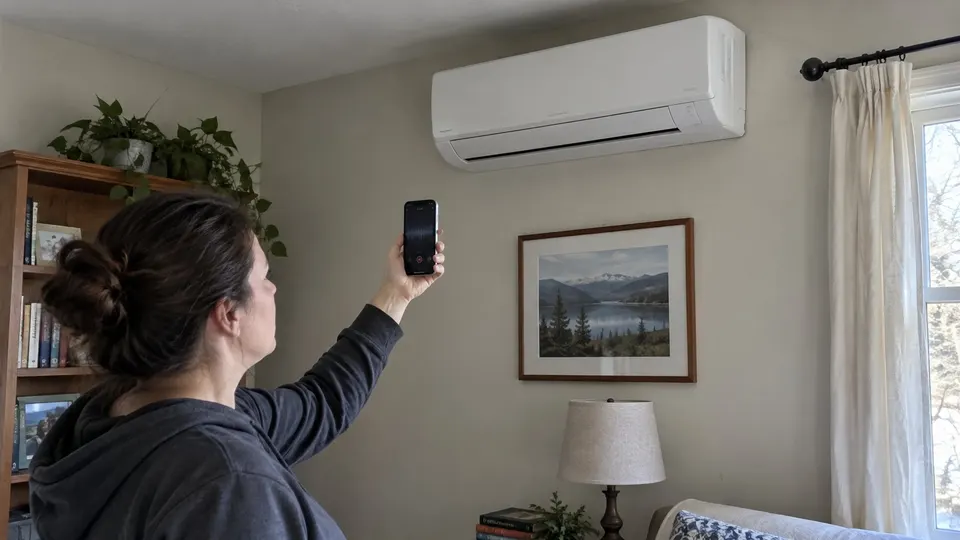 Homeowner recording a short sound clip near a closed wall mini split