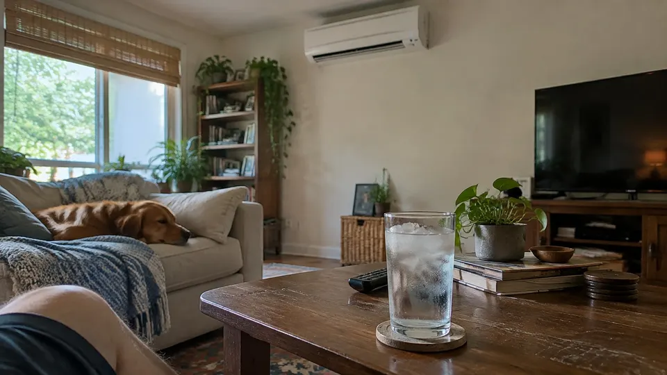 Living room on a hot day with a glass of iced water on the table and a mini split on the wall