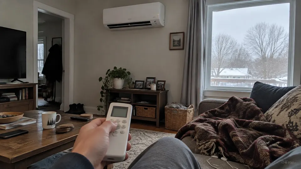 Hand holding a remote in a lived-in winter living room with a wall mini split