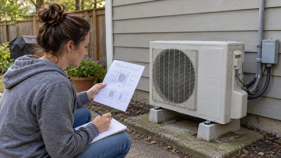 Homeowner reviewing a model-specific clearance diagram beside a closed outdoor mini split