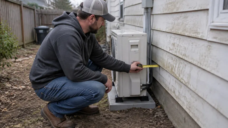 Homeowner measuring an outdoor mini split gap from a safe position with covers closed