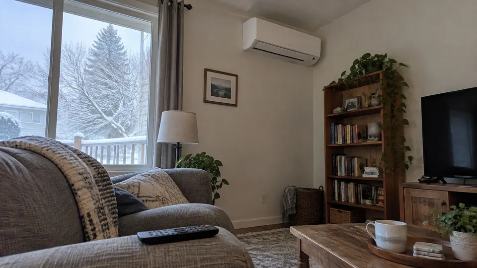 Unbranded mini split in a living room with snowy trees outside and a remote on the sofa