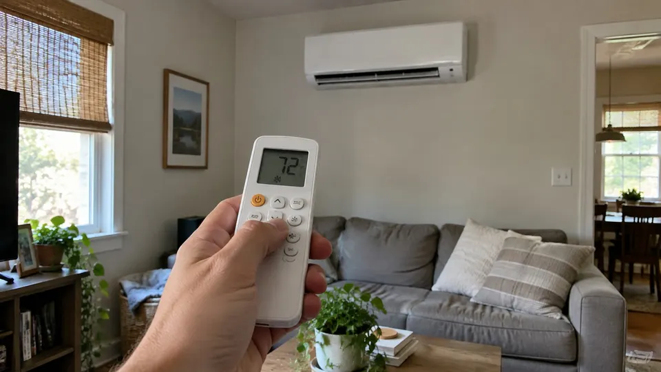 Hand holding a white remote in a living room with a mini split on the wall behind it