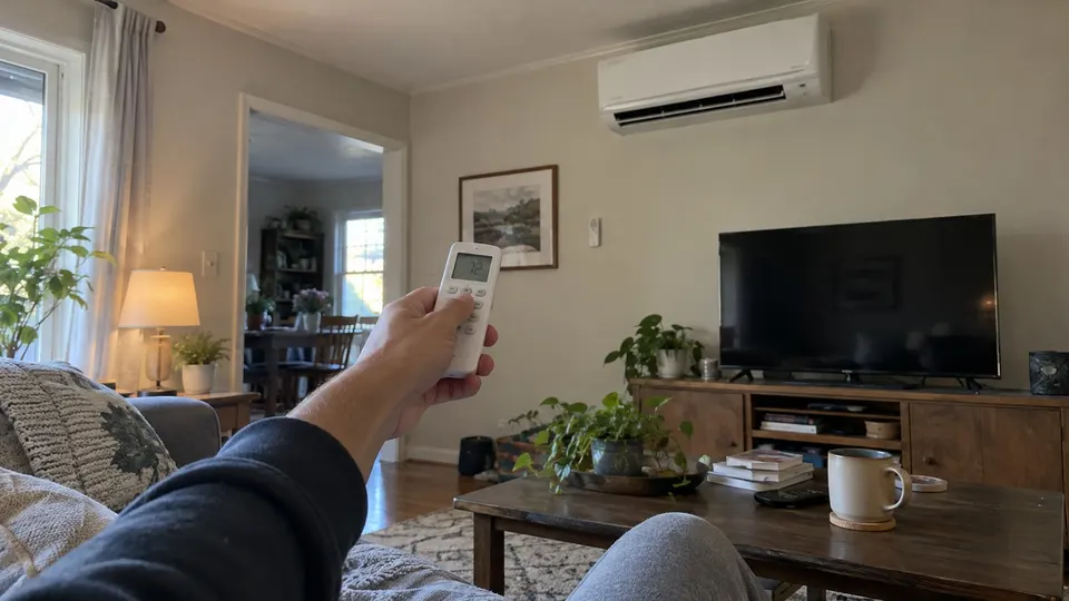 Person on a sofa pointing a small white remote at a wall mounted mini split