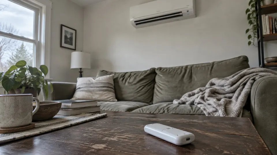 Remote face down on a table below a wall mini split