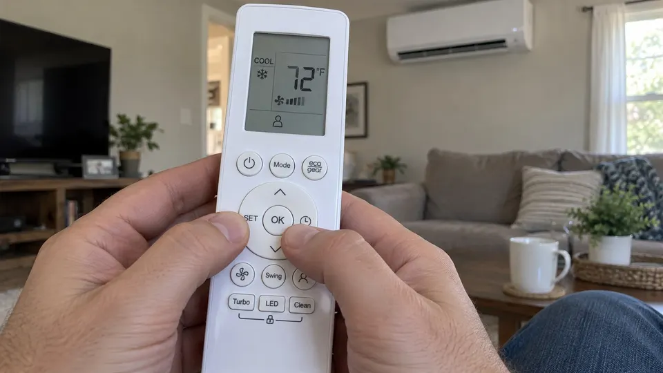 Hand selecting SET and OK for Follow Me on a MRCOOL-style remote